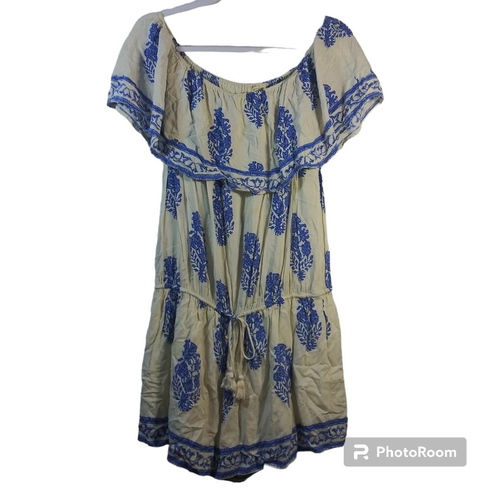 Kori American IVORY AND BLUE OFF SHOULDER ROMPER Size M
